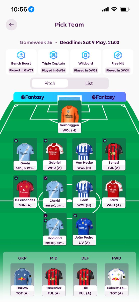 Alex_Bull26's tweet photo. GW36

3/4 Used

Palmer      ↪️ Saka      ↩️
Struijk       ↪️ Gabriel  ↩️
Semenyo ↪️ Cherki   ↩️

Haaland 🧢 

OR 46k

Hoping the Semenyo to Cherki doesn’t come back to bite but chasing mini league

#FPL https://t.co/0ZWDtzzJkE