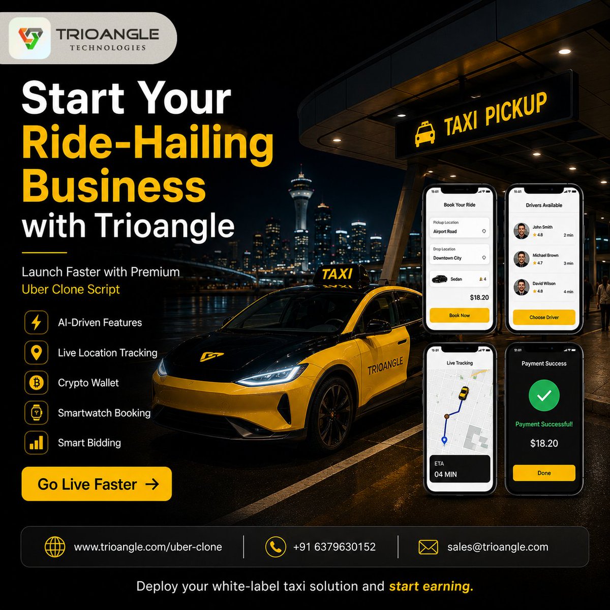Trioangle's tweet photo. Turn your #taxibusiness idea into revenue with our ready-to-launch #UberCloneScript

✔ #Whitelabel solution
✔ Scalable architecture
✔ Real-time ride tracking
✔ Smart dispatch system

https://t.co/nwEPUkRQ6u
Email: sales@trioangle.com

#UberCloneapp #customuberclone https://t.co/aaRPemAQ4n