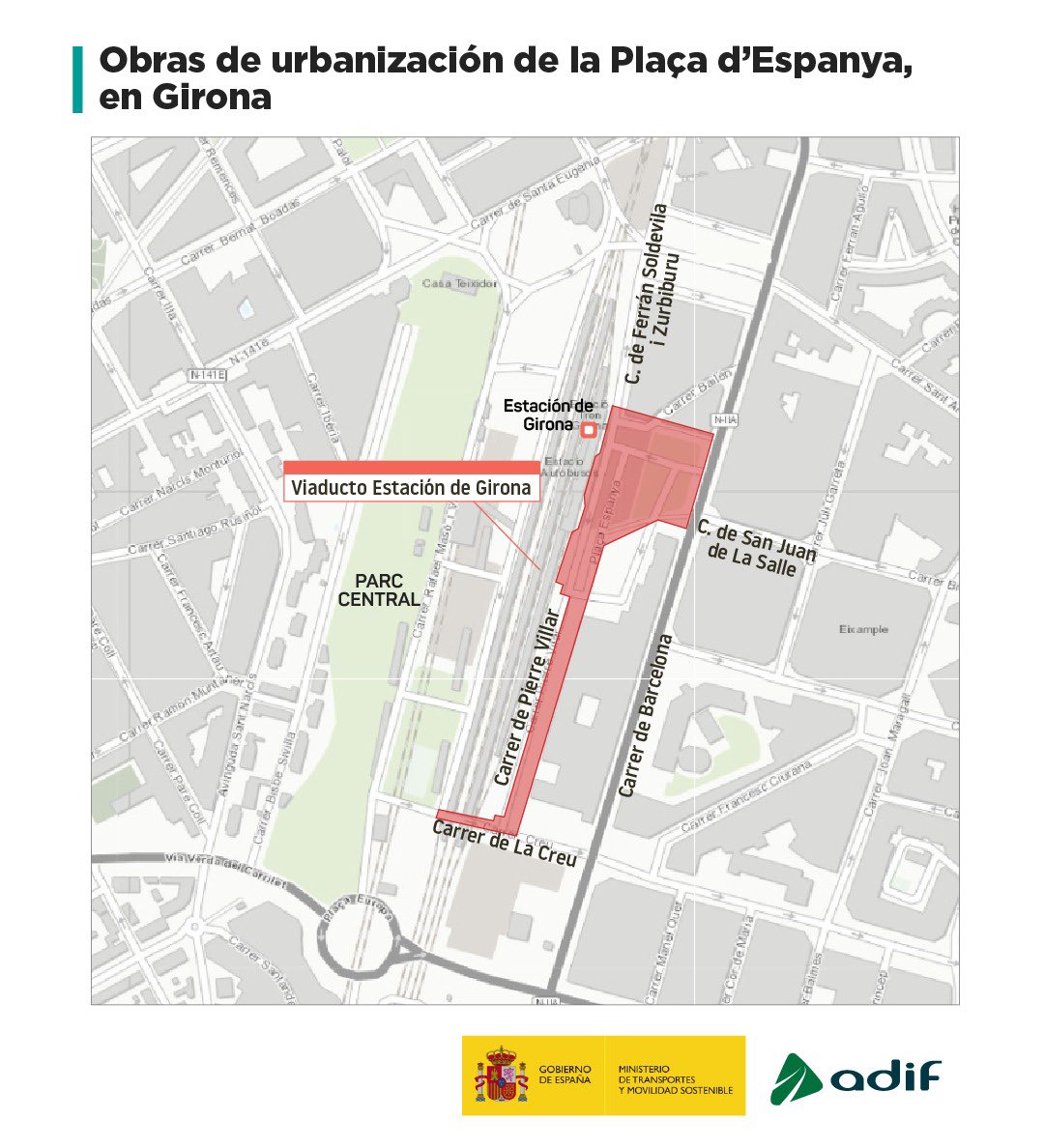 Adjudicamos por 2,9 millones de euros las obras de reurbanización de la Plaça d’Espanya en Girona.

Avanzamos en la integración del ferrocarril en la ciudad, con nuevos espacios verdes y zonas infantiles.