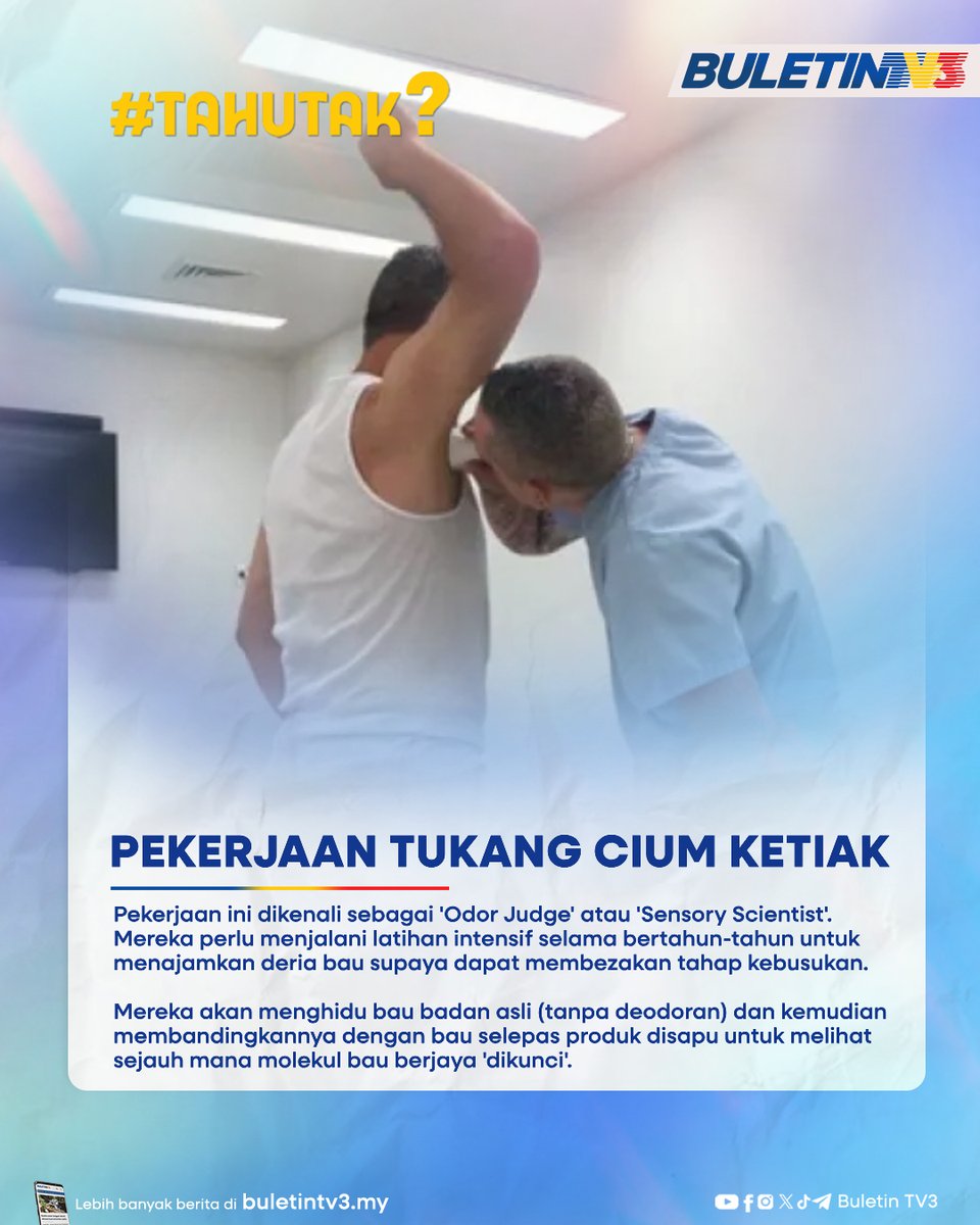BuletinTV3's tweet photo. Disebabkan tidak ramai yang sanggup melakukannya, pakar yang sangat berpengalaman dalam bidang ini boleh meraih pendapatan mencecah puluhan ribu ringgit sebulan di syarikat kosmetik gergasi antarabangsa.

#TahuTak #BuletinTV3 #PekerjaanPelik #PekerjaanUnik #BauKetiak https://t.co/zNIvPRCOCC