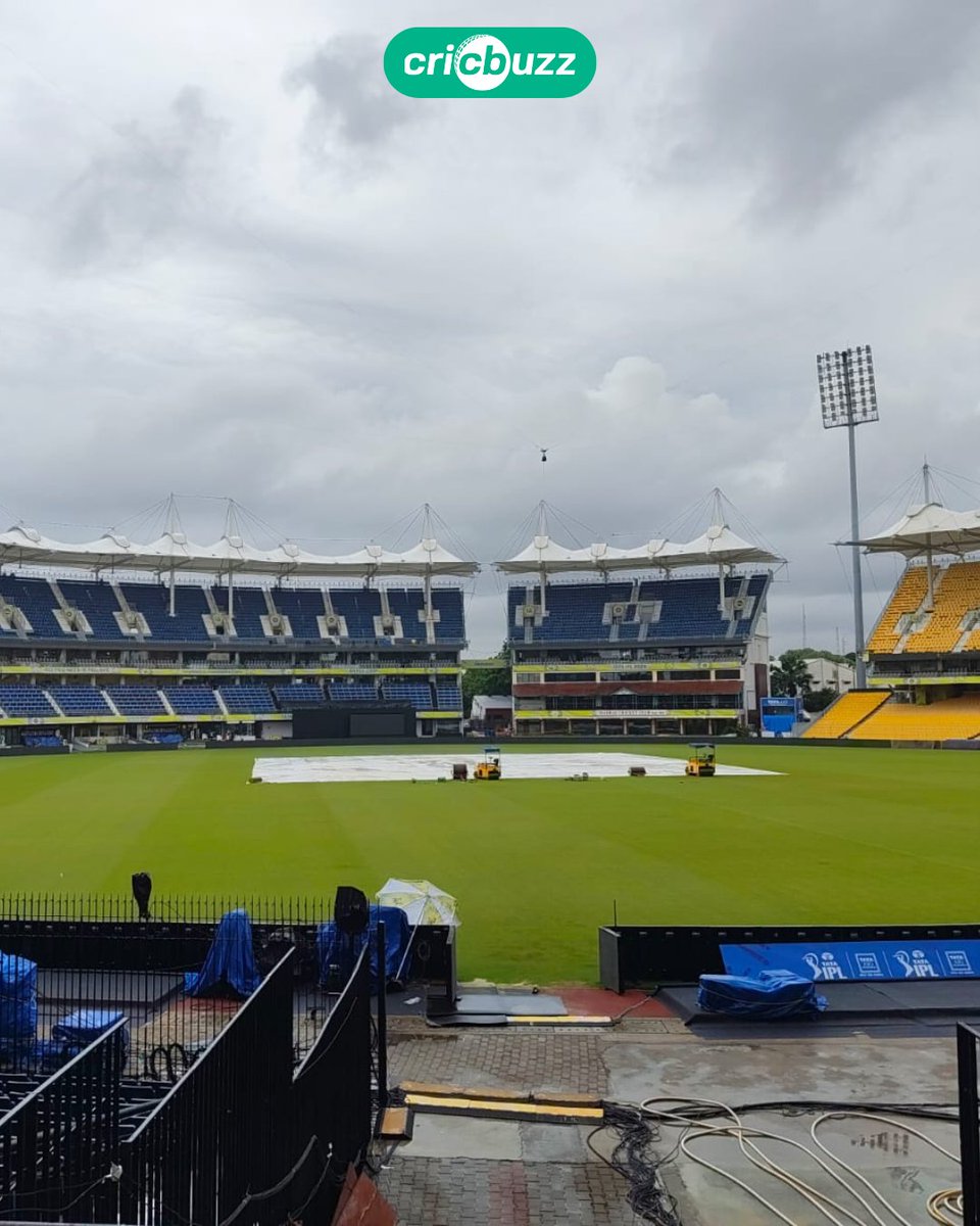 cricbuzz's tweet photo. 24 hours out of the #CSKvsLSG game, Chepauk looks a picture, but the covers are on under overcast skies ☁️

#IPL2026 #CricketTwitter https://t.co/lTaruRedm7