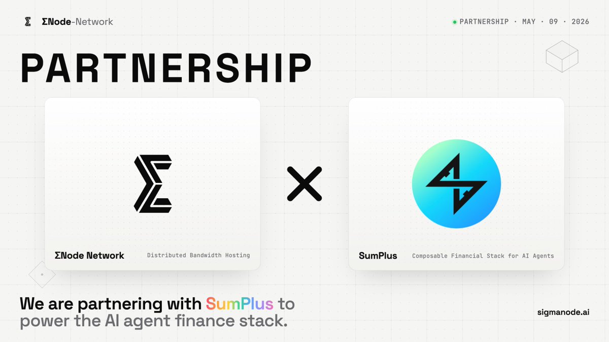 SigmaNode_ai's tweet photo. 🤝 ΣNode × @SumPlusReal
We're partnering with SumPlus to power the AI agent finance stack.
ΣNode → decentralized bandwidth backbone.
SumPlus → composable financial layer for AI agents.
Building the AI backbone, together.
🌐 https://t.co/Tf4aWxboj8
#SigmaNode #SumPlus https://t.co/3p6XIm4ocY