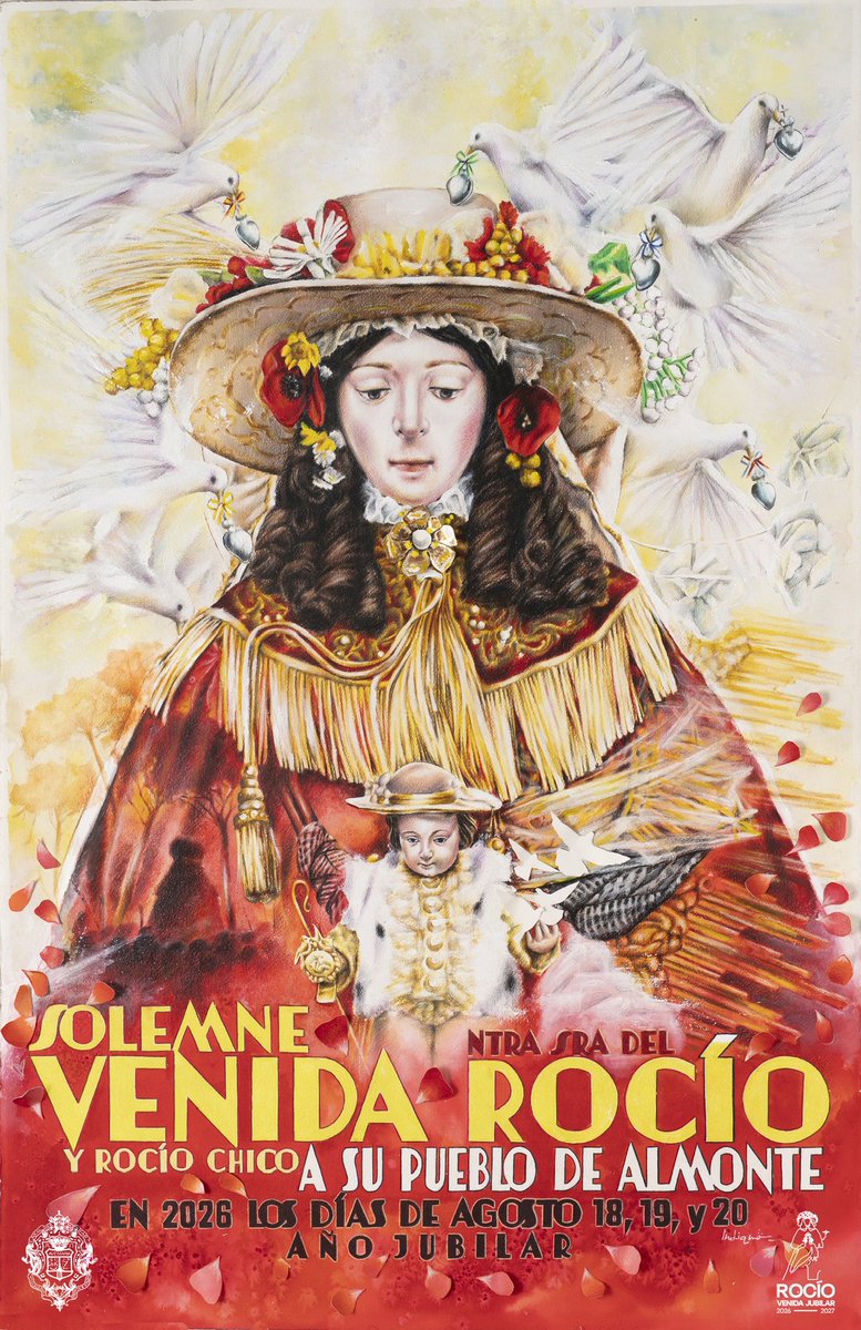 perezindiano's tweet photo. “La Vida en Almonte se mide de siete en siete años…”

Este es el cartel que anuncia la Venida de Ntra. Sra. del Rocío a Su pueblo de Almonte @hdadmatrizrocio 

Lo protagoniza la santísima Virgen, en un plano donde alegorías y momentos del Traslado se entremezclan (sigue) https://t.co/IGMLlvJbCF