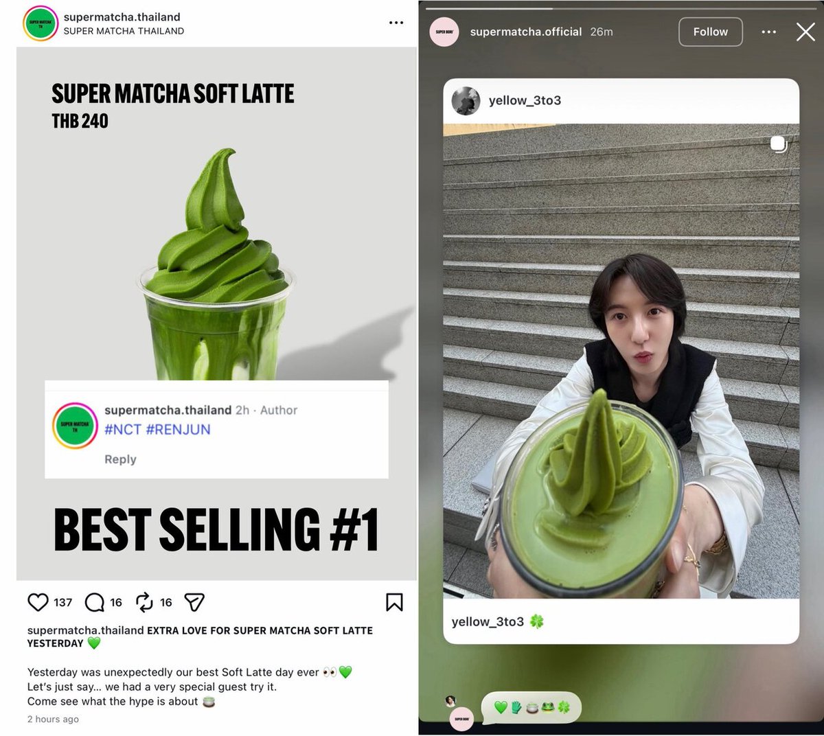RENJUN IMPACT🔥 setelah ngepost minum super matcha soft latte di instagram, minumannya langsung jadi best-selling drink di store thailand, supermatcha thailand &amp; korea juga langsung ngepost renjun✨ 💚