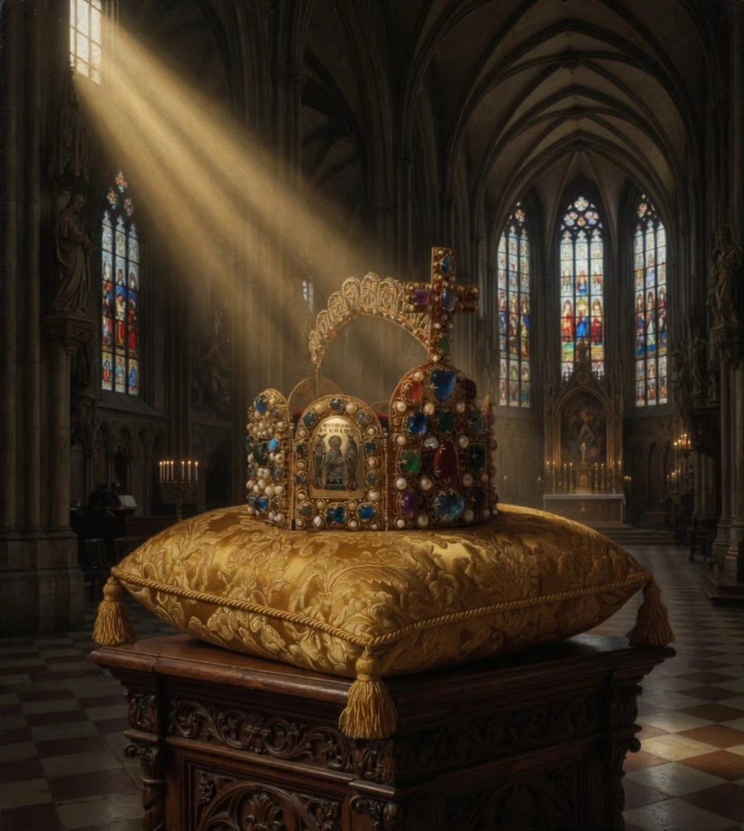 HREAssociation's tweet photo. The Imperial Crown of the Holy Roman Empire (German: Reichskrone), a hoop crown (Bügelkrone) with a characteristic octagonal shape, was the Coronation Crown of the Holy Roman Emperor, probably from the late 10th century until 1806. The Crown was used in the Coronation of the King of the Romans, the title assumed by the Emperor-Elect immediately after his Election. It is now kept in the Imperial Treasury (Kaiserliche Schatzkammer) at the Hofburg in Vienna, Austria. https://t.co/pAB77lfVg5