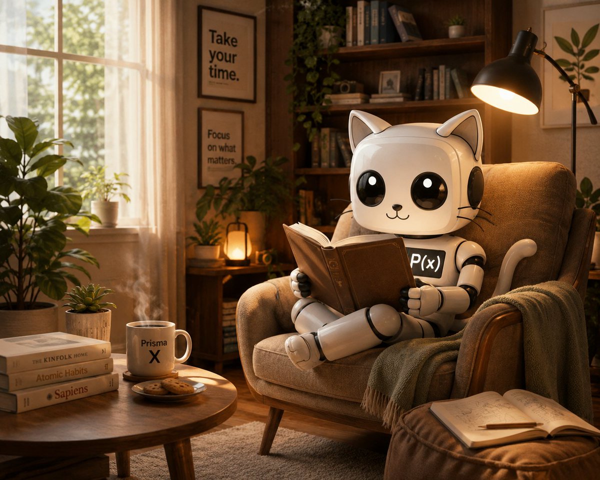 trisha_lena's tweet photo. gm gm @PrismaXai fam, 

A relaxing Saturday has arrived, and together with our Catrobot, we are enjoying this time and thinking about the future of robots.

There’s something beautiful about the future of robots that people don’t talk about enough.

Maybe it’s not just about efficiency.
Not just automation.
Not just AI getting smarter.
Maybe it’s about giving humans more moments like this.
A quiet room.
A warm cup of coffee.
A peaceful evening with a good book.

While robots help handle the repetitive parts of life, we get more time to slow down, learn, create, and simply breathe.

Physical AI shouldn’t replace humanity.
It should protect the parts that make us human.
And honestly?
That future feels closer than ever. 🤍🤖
Powered by PrismaX.
Where humans and robots learn together.