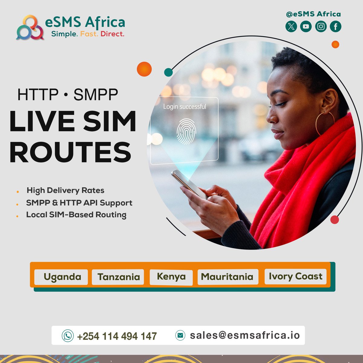 eSMSAfrica1's tweet photo. LIVE SIM ROUTES NOW ACTIVE
eSMS Africa is now live in:
🇺🇬 Uganda
🇹🇿 Tanzania
🇰🇪 Kenya
🇲🇷 Mauritania
🇨🇮 Ivory Coast

✅ High Delivery Rates
✅ SMPP &amp; HTTP APIs
✅ Local SIM Routings 
Built for OTPs, alerts, notifications &amp; high-volume SMS traffic across Africa.
#SMS #OTP #SMPP https://t.co/jzkGsY3av6