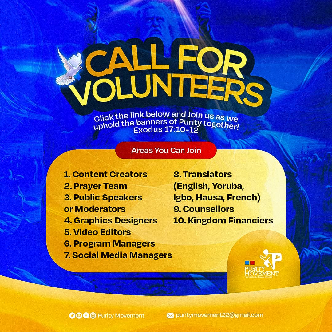 puritymovementt's tweet photo. 🚨 CALL FOR VOLUNTEERS! 🚨

📩 Get in touch: https://t.co/AuxGNpU4ah

#PurityMovement #CallForVolunteers #ServeWithPurpose #JoinTheMission https://t.co/gNbiDrRROd