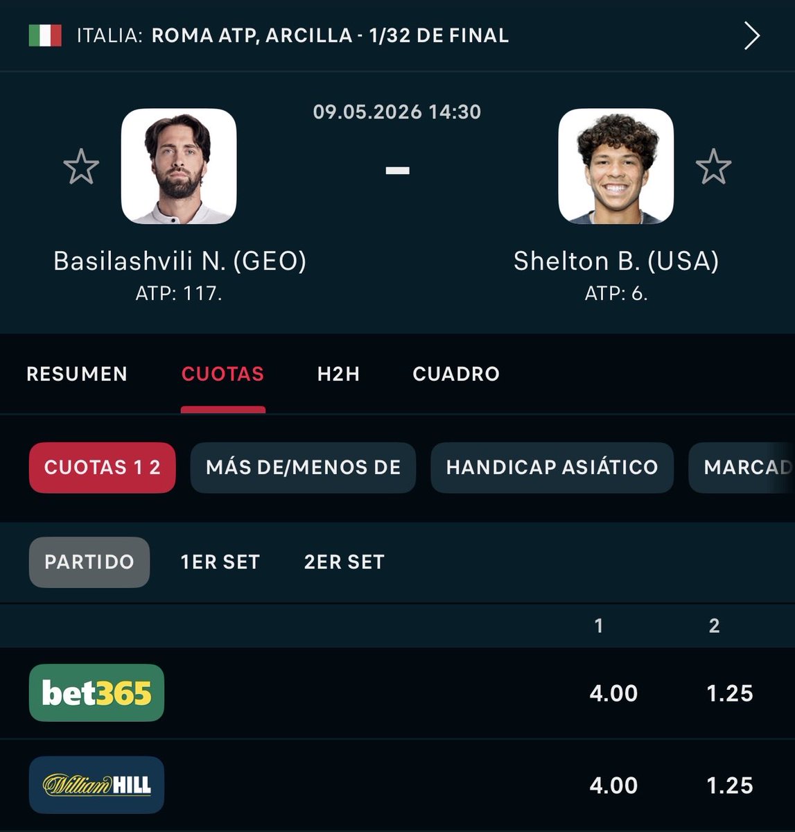 Christian2dos's tweet photo. ESCALERA PARA EL BASILASHVILI - SHELTON 🤯

Basilashvili 2-0 @8
Basilashvili gana @4.20
Basilashvili +1.5 breaks @2.50
Basilashvili set @2 
Basilashvili +3.5 @2

Objetivamente estamos apostando a favor del mejor tenista en arcilla, un jugador que ha sido TOP 16 del mundo y ganado a los mejores tenistas del mundo, su mayor problema ha sido siempre la implicación y la motivación, pero está jugando a gran nivel en los M1000 estos meses, y ante un Shelton que va a ser su primer partido en arcilla lenta del año, tengo que probar al georgiano a estas cuotas.

Shelton ha jugado 4 partidos en Roma, perdiendo vs Munar, Zhang y Bublik, ganando únicamente a Kotov en 3 sets. Y sus registros en arcilla lenta, eliminando Houston-Madrid-Munich son ridículos, no ha sido capaz de ganar a nadie decente y ha perdido casi todos sus partidos en Roma-Montecarlo-Roland Garros, el año pasado aquí lo barrio Munar 6-1 6-2 y Davidovich en Montecarlo también con sets de 6-2 6-1… y hasta Zhang le ha ganado 6-2 6-4 en Roma, un jugador que es también horrible en arcillas lentas