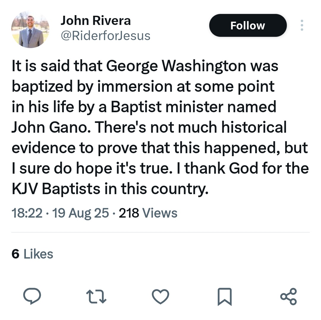weecalvin1509's tweet photo. @RiderforJesus Interesting. Your definition of "we Baptists" is interesting when you join these few dots In an earlier tweet, you describe John Gano as a "KJV Baptist" yet Gano was a 5 point Calvinist and so, according to you, was accursed of God. Your #oldpaths aren't worth much, are they? https://t.co/nFHhVmlbek