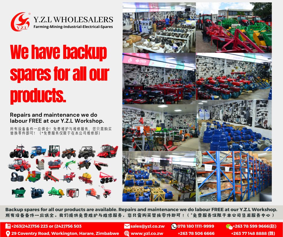 YWholesalers's tweet photo. WE ARE YOUR NUMBER ONE CHOICE WHEN IT COMES TO SPARES‼

#yzlwholesalers #farming #mining #industrial #electrical #farmingzimbabwe #tractors #YTO #farmimplements #forkllifts #engines #waterpumps #electricmotors #HDPE #maizeshellers #generators #worktruck #JackHammers #Quadbike https://t.co/6B3YI6Lh60