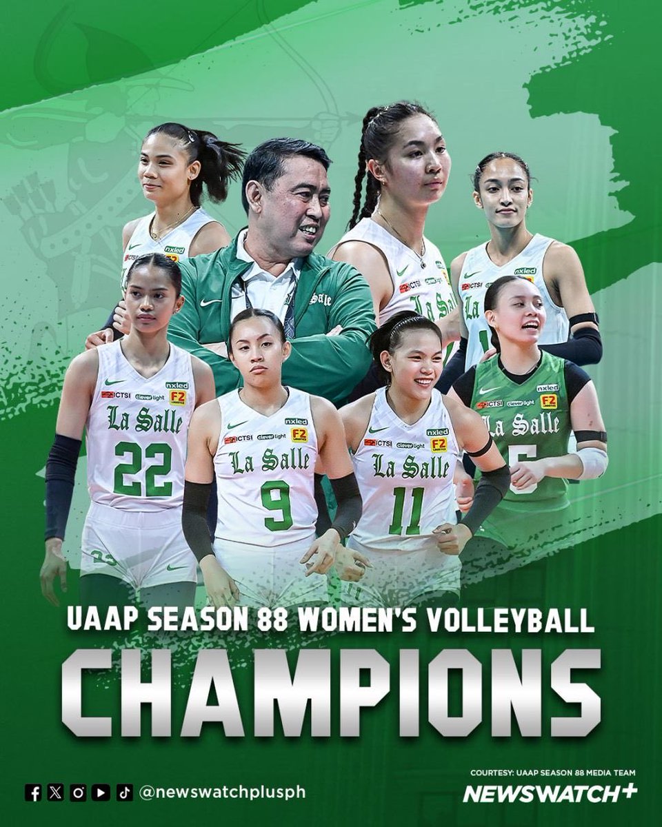 newswatchplusph's tweet photo. BACK ON TAFT! 🏹

BREAKING: The DLSU Lady Spikers dethrone the NU Lady Bulldogs, 25-22, 25-16, 25-16, to reclaim the crown in Game 2 of the UAAP Season 88 women's volleyball finals.

The Lady Spikers completed a rare season sweep and now have 13 titles. | @cjmarquez_ https://t.co/VwYFMIcpDz