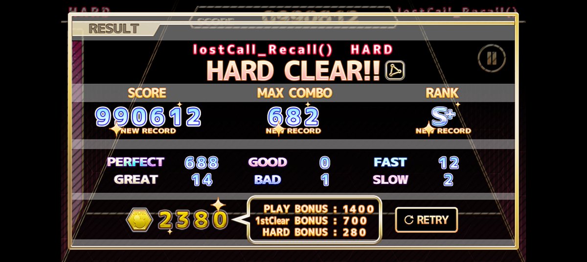 【ChainBeeTをプレイ】
lostCall_Recall()(HARD)をHard Clear!!
#ChainBeeT
1ミス()