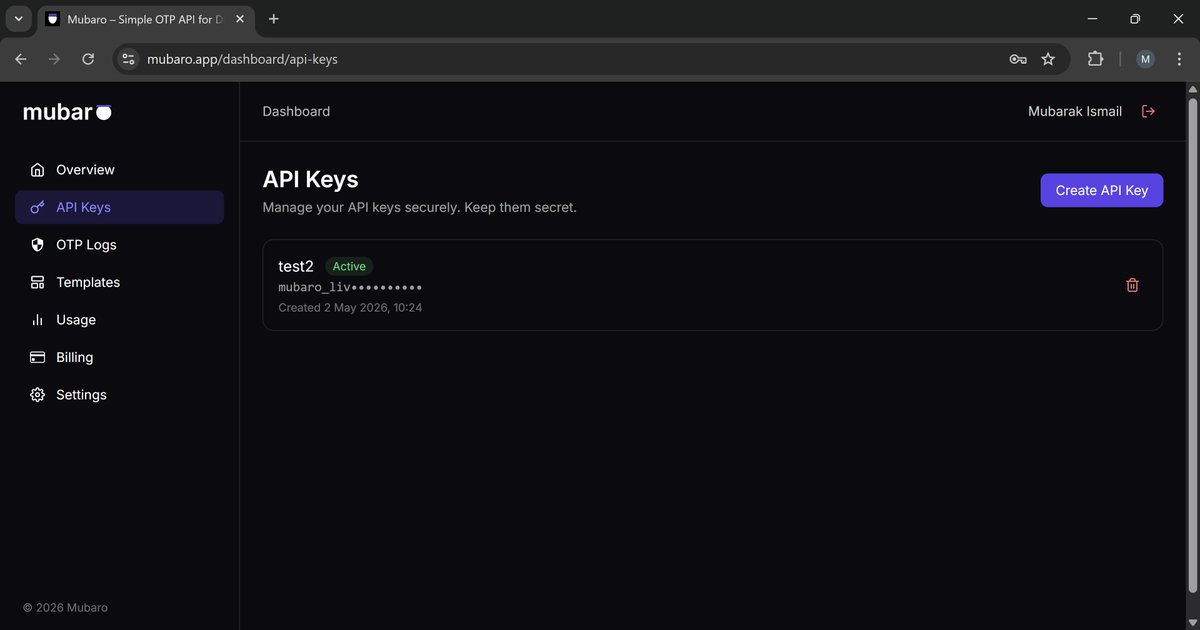 Mubaroapp's tweet photo. Every project gets its own ApiKey 

No complicated setup
No long verification process

just create a project, copy your API key, and start sending OTPs immediately.

Built for fast integration https://t.co/niWXfoNXPG