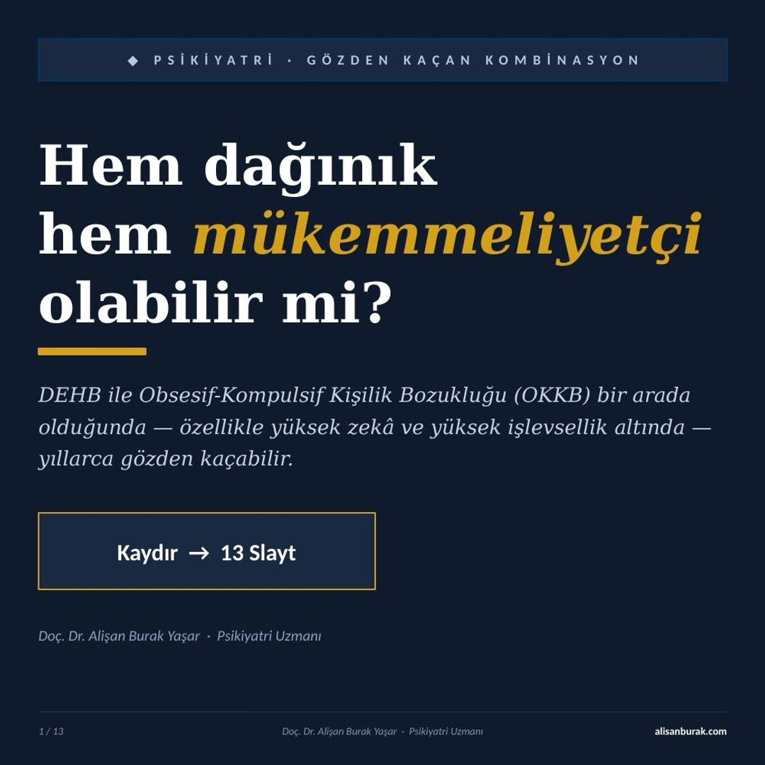 alisanburak's tweet photo. DEHB + OKKB: Yıllarca Gözden Kaçabilen Kombinasyon

Hem dağınık hem mükemmeliyetçi olabilir miyiz? Klinikte yanıtı evet — özellikle yüksek zekâ altında.

OKKB (Obsesif-Kompulsif Kişilik Bozukluğu), OKB ile karıştırılmamalı. OKB'de istem dışı düşünceler ve ritüeller vardır; OKKB ise kişiliğin kendisine yerleşmiş aşırı mükemmeliyetçilik, katılık, kontrol ihtiyacı ve aşırı işkolikliktir.

DEHB ile OKKB ilk bakışta zıt görünür: biri dürtüsel kontrol kaybı, diğeri katı aşırı kontrol. Oysa 1.353 kişiyle yapılan bir analizde, dürtüselliği ve mükemmeliyetçiliği aynı anda yüksek olan grup örneklemin yarısını oluşturdu — ve ölçülen 10 farklı psikopatolojinin çoğunda en yüksek skoru aldı (Christian et al., 2021). Pinto'nun çalışmasında ise OKKB'de ödül erteleme aşırı yüksek, DEHB'de aşırı düşük; aynı eksende iki uç (Biol Psychiatry, 2014).

Yüksek IQ bu tabloyu gizler. Antshel ve ekibi (2008) yüksek IQ'lu DEHB'lilerde yaşam kalitesinin daha düşük, depresyon ve anksiyete oranlarının daha yüksek olduğunu gösterdi — semptomlar kompansasyon ile maskelenir. Aşırı planlama, aşırı çalışma, aşırı kontrol, aşırı sessizlik. Dışarıda başarı, içeride yıpranma.

Tanı 4 nedenle gecikir: OKKB'nin düzeni DEHB'nin dağınıklığını örter; yüksek zekâ telafi eder; kişi titizliğini şikâyet konusu yapmaz; klinisyen "ya o ya bu" çerçevesi kurar.

Yol haritası: çocukluğa kadar gidin, iki belirti kümesini ayrı ayrı sorgulayın, başarıyı değil iç maliyeti sorun, çift tedavi planı kurun (DEHB için psikoeğitim + farmakoterapi; OKKB için BDT). Mükemmeliyetçilik bir telafi aracı değil, kendisi de hedef.

Not: Bu içerik tıbbi tanı/tedavi yerine geçmez. Şüpheniz varsa ruh sağlığı uzmanına başvurun.

Bilimsel kaynaklar için → https://t.co/8Wv9S7Zlnj

#DEHB #ADHD #OKKB #OCPD #Psikiyatri #YüksekIQ #BDT #ZihinselSağlık