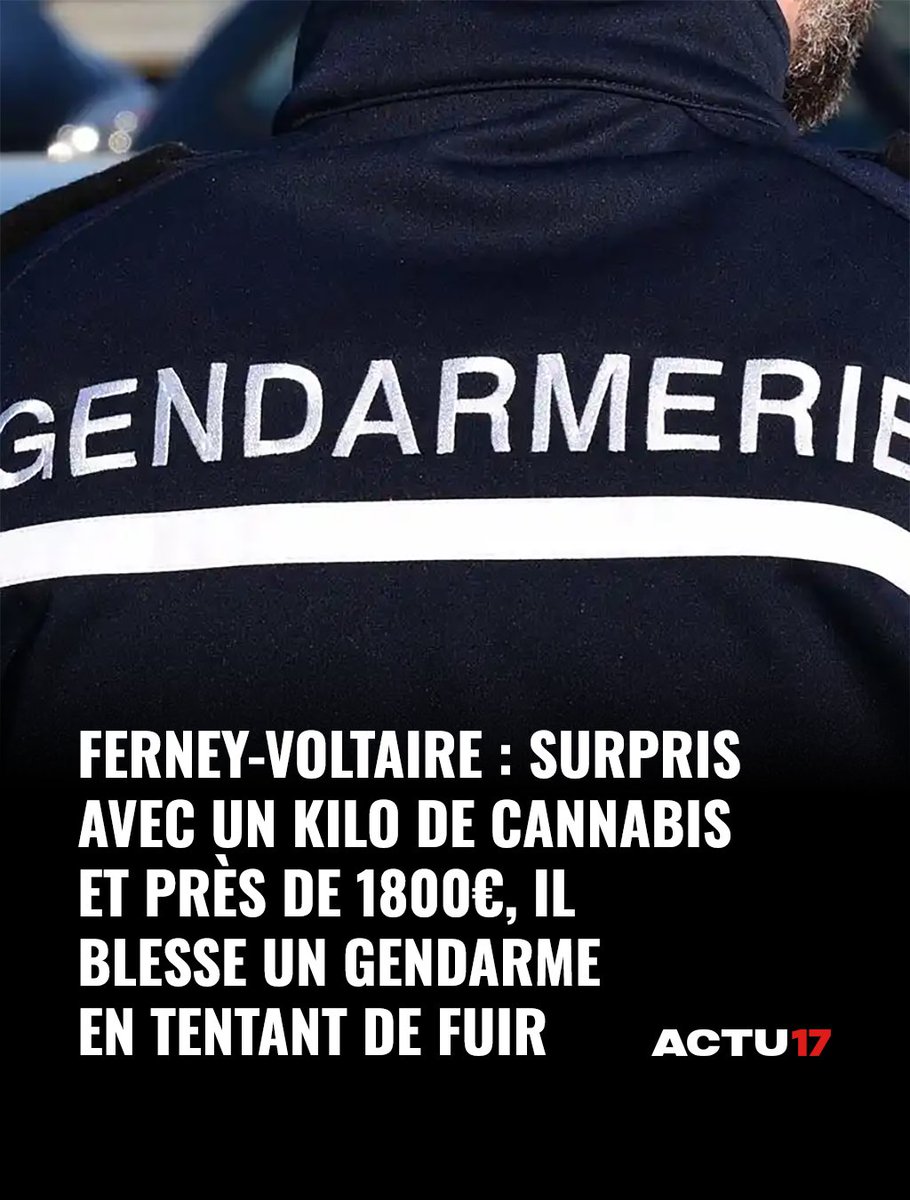 Actu17's tweet photo. Ain : Surpris avec un kilo de cannabis et près de 1800€ à Ferney-Voltaire, il blesse un gendarme en tentant de fuir

L'homme de 24 ans a écopé d'une peine de 24 mois de prison ➡ https://t.co/u54XddV1JE https://t.co/RkZiTEltOi
