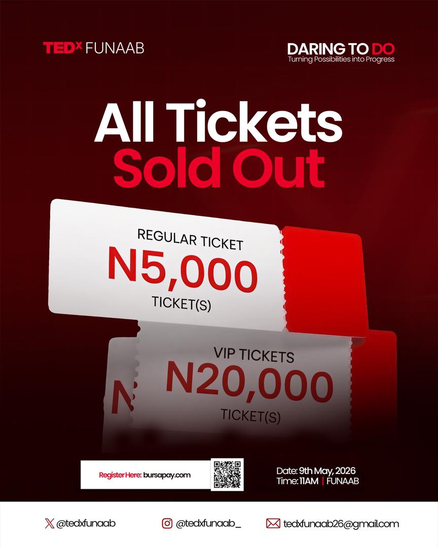 tedxfunab's tweet photo. Ticket Sold Out‼️

See you in the room.

#TEDxFUNAAB
#TEDx
#DARETODO https://t.co/QhcC0OstpG
