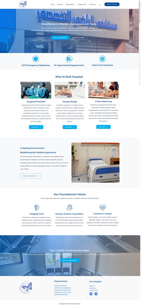 WebgearMedia's tweet photo. Just launched: The new digital home for Al-Radi Hospital. 🏥

🚀 82 Performance | 100 Accessibility | 92 SEO 🌐 Full Multilingual (EN/AR) integration 🎨 Minimal Luxury Aesthetic
Check out how we're redefining medical web standards. https://t.co/yicQIEnh9V

#WebDev #WebgearMedia https://t.co/oKc4kz0RuX