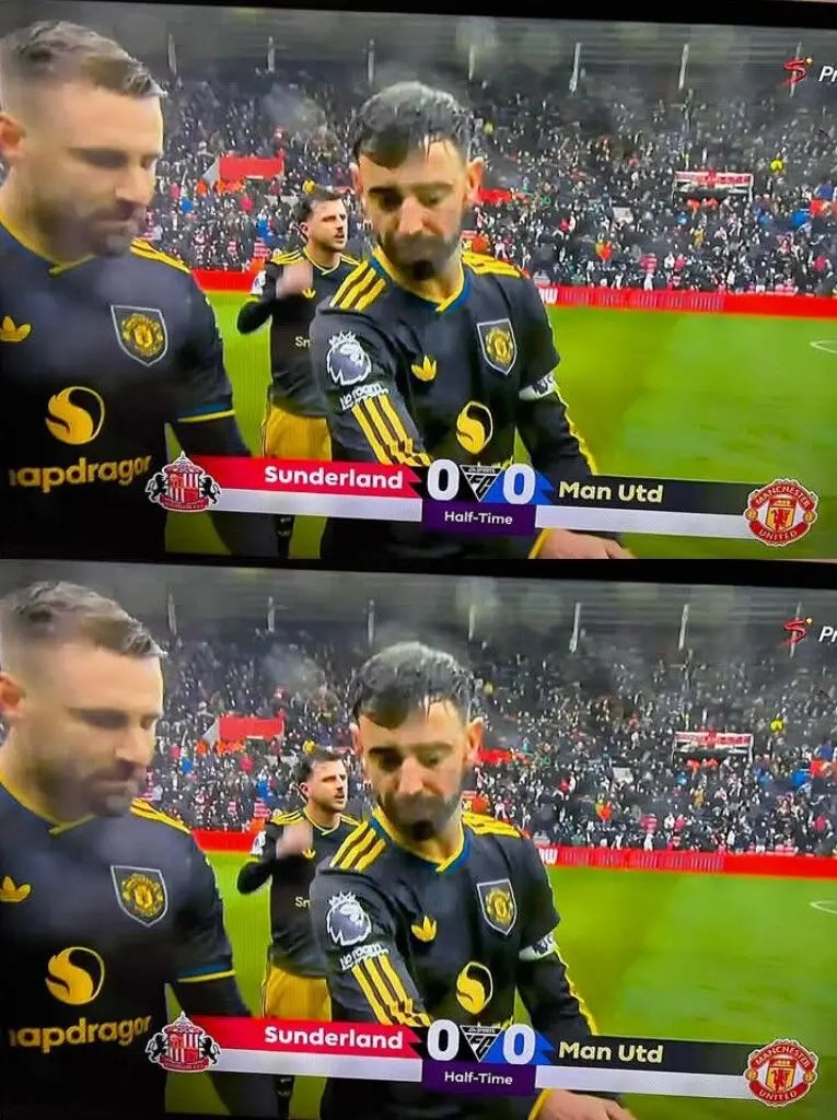Captain Bruno Fernandez discusses the game with Luke Shaw after halftime; it's impossible not to love them.❤️❤️