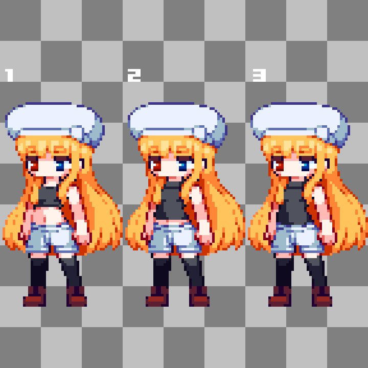 Pixel_sinker's tweet photo. @superbiggerwow Please note that some expressions may sound awkward, as I used a translator.

I'm currently working on a computer wallpaper! If you choose one of the three outfits below, I'll also make an additional version besides the tank top version! https://t.co/Ni5gk5JdKQ