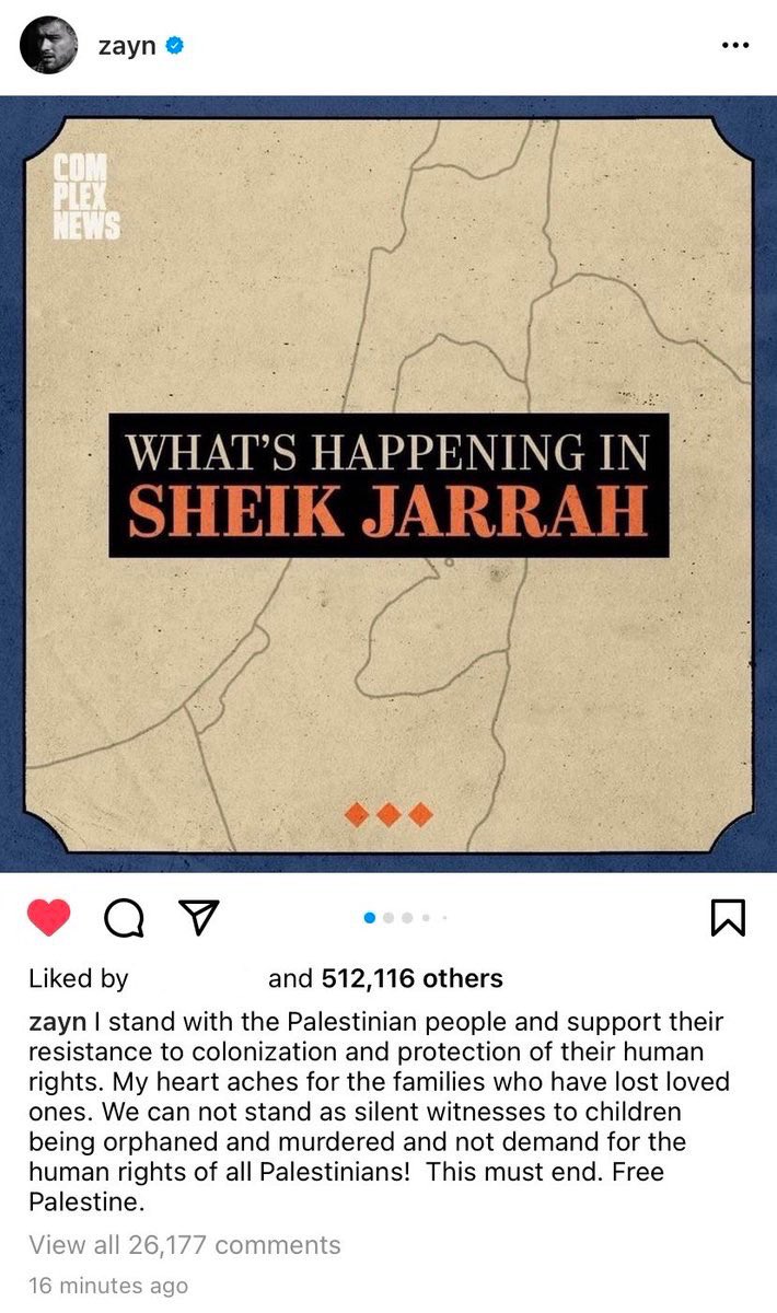 zluezain's tweet photo. i hate posting stuff that sounds like i’m bragging about my fav bc this is literally the bare minimum but zayn saying “i stand with the palestinian people and support their resistance to colonization” makes me so proud. i don’t think i’ve ever seen a celebrity speak so openly https://t.co/nMH31DkF4G