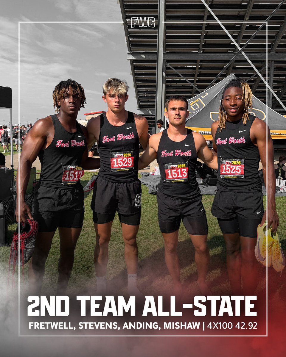 FWCathletics's tweet photo. ALL-STATE HONORS🥈🔥

The 4x100 relay team of Q Fretwell, Luke Stevens, Kason Anding, and Maurian MiShaw earns 2nd Team All-State honors with a time of 42.92 at the TAPPS State Meet.

Great work, Cards! 🏃

#GoCards (@FWCTF) https://t.co/nZ6wxhf0WO