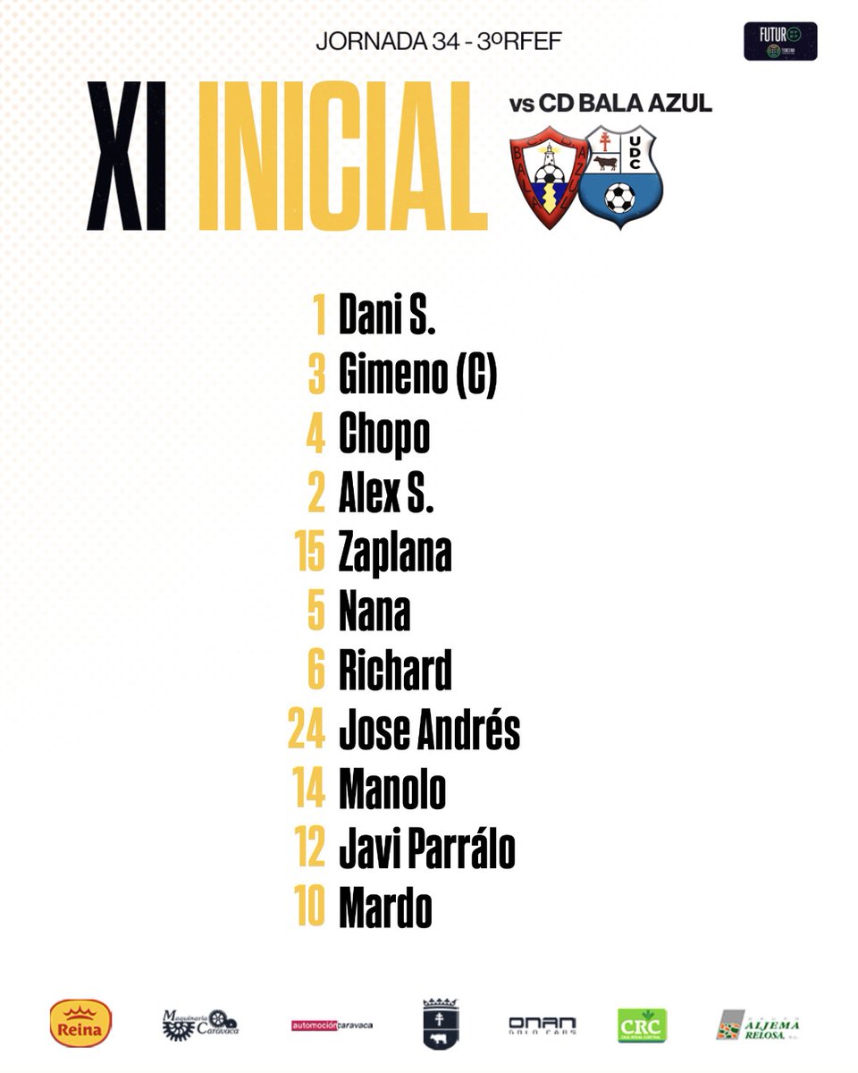 CaravacaUd's tweet photo. 🟡⚪ 𝑿𝑰 𝑰𝑵𝑰𝑪𝑰𝑨𝑳

Este es el once de la UD Caravaca para el partido de hoy.

🆚 CD Bala Azul
 🕕 18:00
 🏟️ Playasol Doctor Gironés https://t.co/TEtSPuE5jm