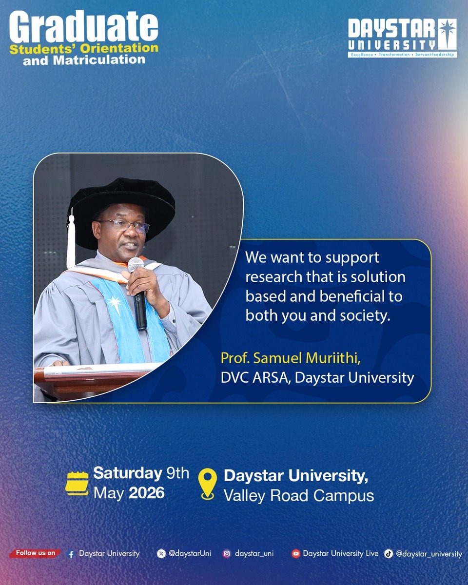 DaystarUni's tweet photo. Prof. Muriithi assured the incoming students of the university’s commitment to quality education. He also encouraged them to pursue solution-based research that benefits society.

#FormNiDaystar https://t.co/m2acAwv5oG