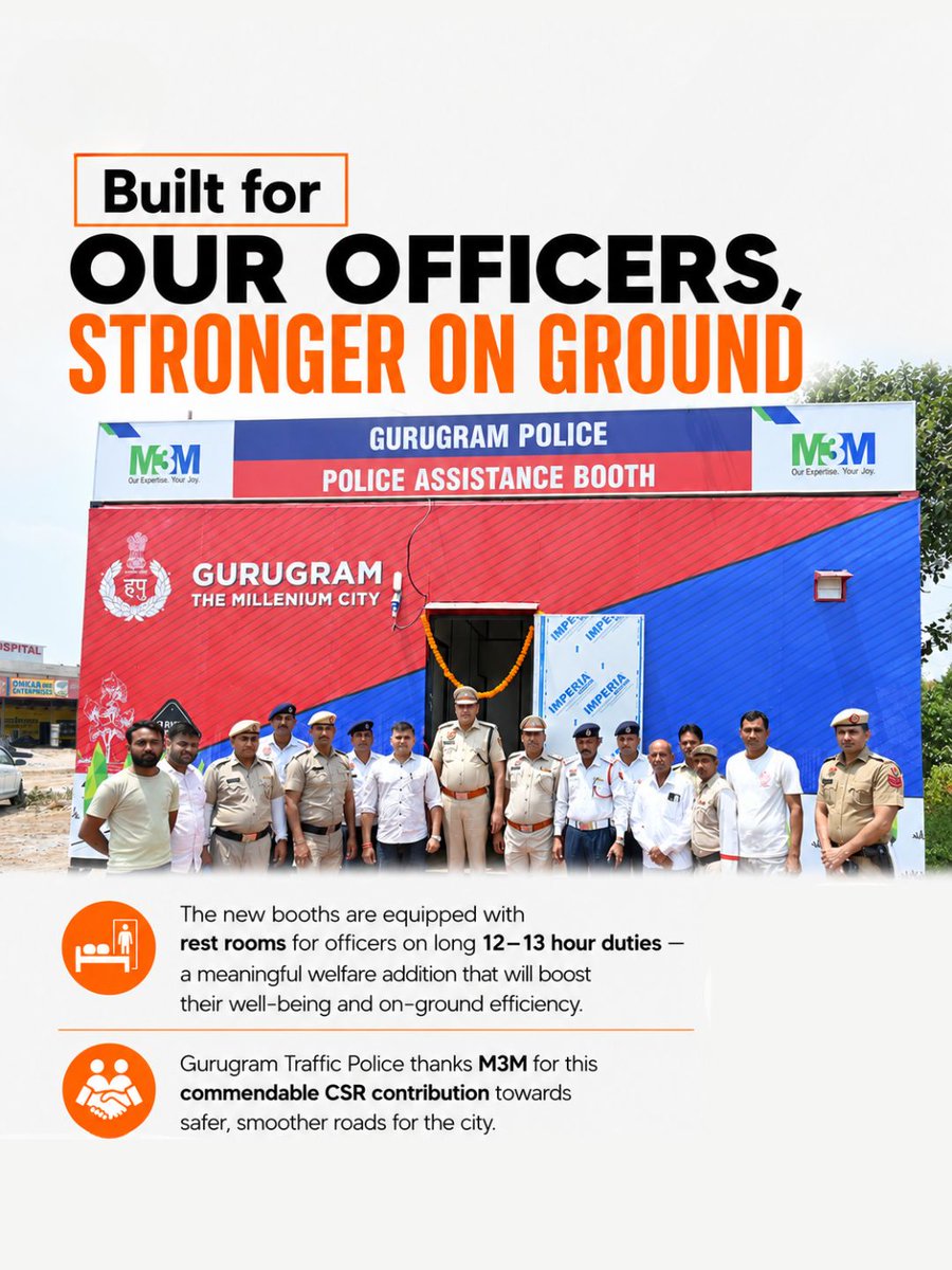 TrafficGGM's tweet photo. Two new Police Assistance Booths inaugurated by ACP Traffic West Sh. Sanjay Kumar, HPS:
· Dadi Sati Chowk
· Silver Streak Hospital Chowk, Sec 87/91
Under CSR by M3M. Equipped with rest rooms for 12–13 hr duty.
📞 112 | 1095
#GurugramTrafficPolice #M3M #RoadSafety https://t.co/CxjuXpXHTN