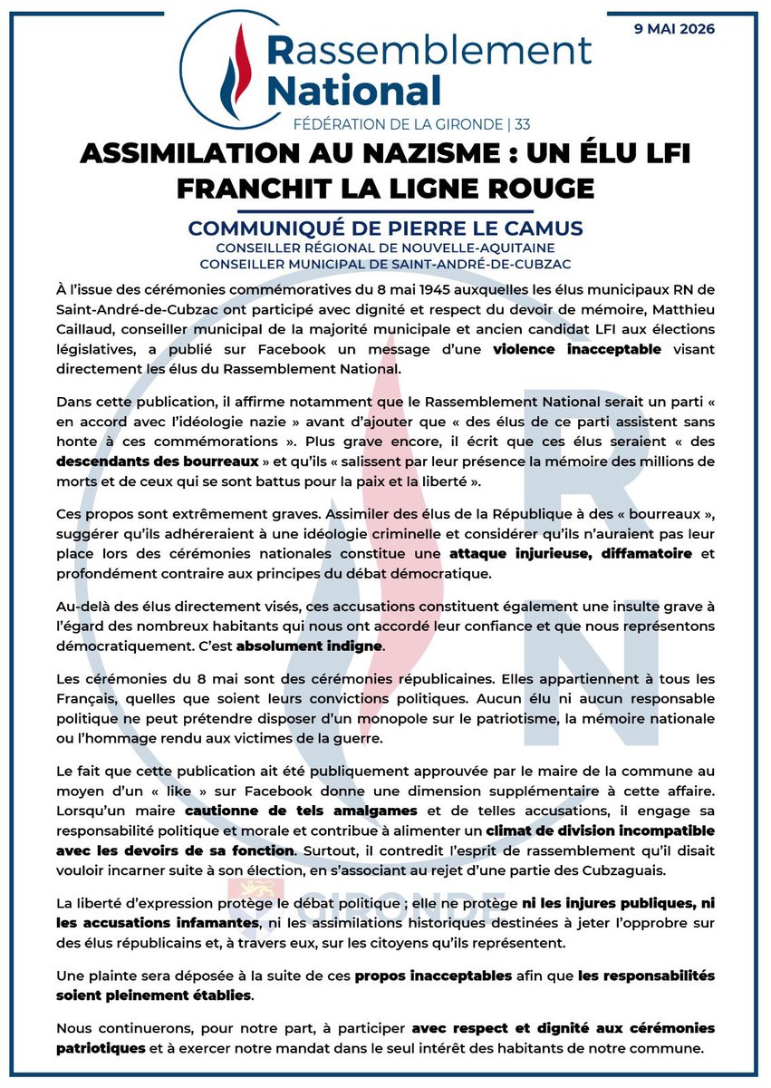 PierreLeCamus's tweet photo. 🔴 Assimilation au nazisme : un élu LFI franchit la ligne rouge !

Retrouvez mon communiqué suite à des propos indignes tenus par un élu LFI de Saint-André-de-Cubzac sur les réseaux sociaux ⤵️ https://t.co/Kw8zcZnjab