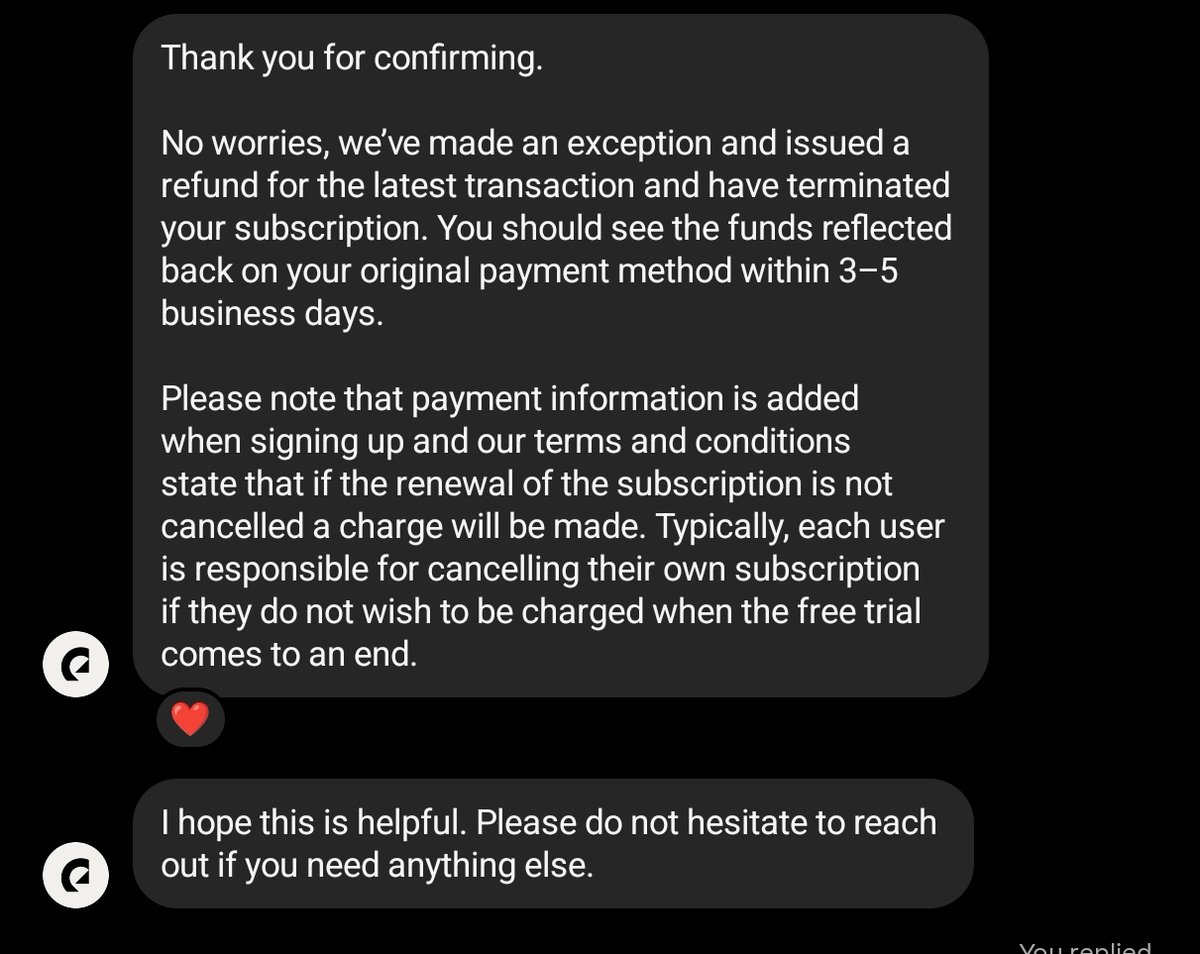 daveetech's tweet photo. So I reached out to them on Instagram, 2 days later I got a response and they told me that I got an exception and would be refunded in 3-5days.

I got lucky, and got my refund, 

You might not be as lucky, let this be your cue to cancel all subs you are not using again! https://t.co/Z8AmHtHQw4