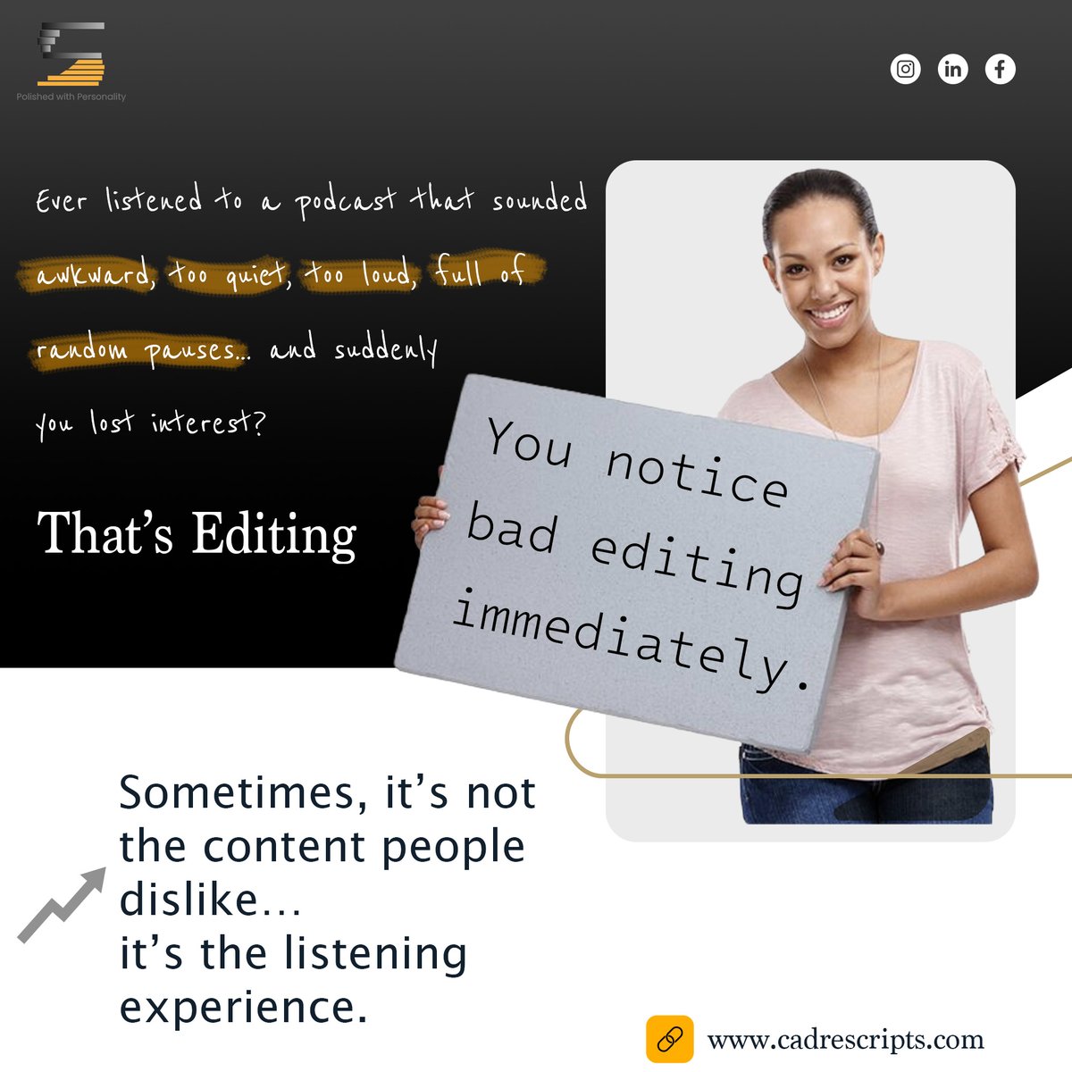cadrescripts's tweet photo. When audio feels distracting, uneven, or hard to follow, attention disappears quickly. 
Clear sound keeps people connected, focused, and engaged from start to finish.

#AudioQuality #ContentCreation #PodcastTips #CommunicationSkills https://t.co/i1LWnj6X59
