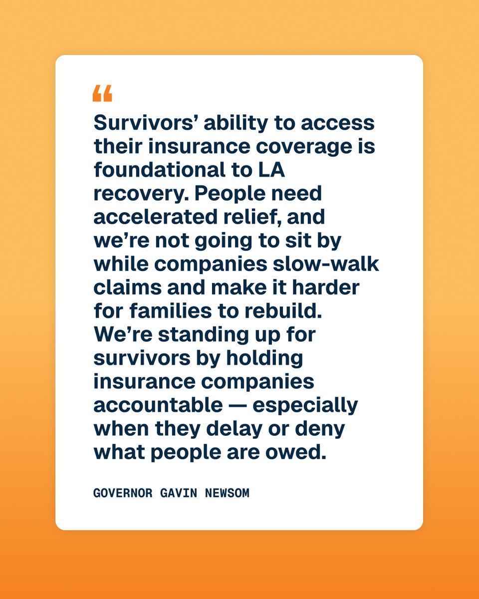 LARisesTogether's tweet photo. Governor Gavin Newsom (@CAgovernor ) has issued a warning to insurance companies following a major state enforcement action against State Farm over the alleged mishandling of claims filed by LA fire survivors. The announcement reinforces growing concerns from residents navigating delayed payments, denied claims, and barriers to rebuilding 🗣️

For many survivors, access to insurance coverage is one of the most critical parts of the recovery process and can directly impact their ability to return home and move forward.

The state also highlighted the many ongoing efforts to support rebuilding through permitting relief, mortgage assistance, wildfire mitigation investments, and consumer protections aimed at helping impacted communities recover more quickly.

Visit our website https://t.co/zzpeuATt9r for additional information and tips that can support you or a neighbor duing your rebuilding process. 💛🔗

#LARises #Altadena #DenaStrong #CommunityRecovery #RebuildingTogether