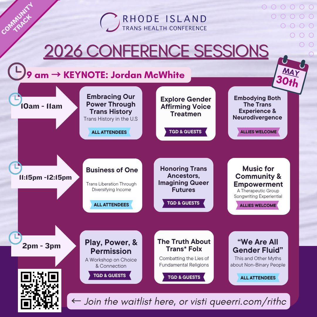 RI_TransHealth's tweet photo. We've put together a great schedule of speakers and diverse topics for this years RI Trans Health Conference. Community track sessions are FREE to the public with lunch included. Currently taking folks for the waitlist! #transgender #transhealth #genderdiverse #queer #nonbinary https://t.co/MGFMIuCyxd