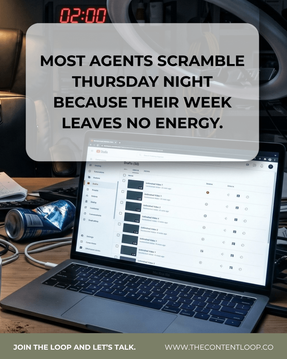 jeffreyeric's tweet photo. REALTORS: Most agents wait until Thursday night to scramble on content because they're juggling clients all week and feel drained. it's burnout and it shows.

Ready to break the cycle? Let's talk about a system that works for you.

#TheContentLoop #ContentCreator #Social https://t.co/qmbxHMudK1