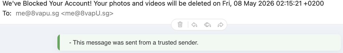 TiaRayl's tweet photo. Bad guys getting really tricksy w/ recent spam trying to allay doubts w/ a green banner. AND look at the "TO:". That is not &amp; never has been &amp; never will be my email address (or yours; you get my drift). Too bad the bad guys don't spend all their energy on a legit opportunity/job https://t.co/vC3mGy5zBe