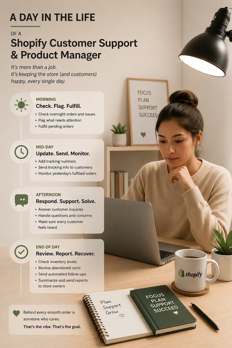chima20478's tweet photo. A day in my life as a Shopify Customer Support &amp; Product Lister
Morning: check overnight orders + fulfill pending ones
Midday: update tracking &amp; send to customers
Afternoon: handle customer inquiries
Evening: check inventory, abandoned carts + send reports
#shopify https://t.co/AzbiLYHZUl