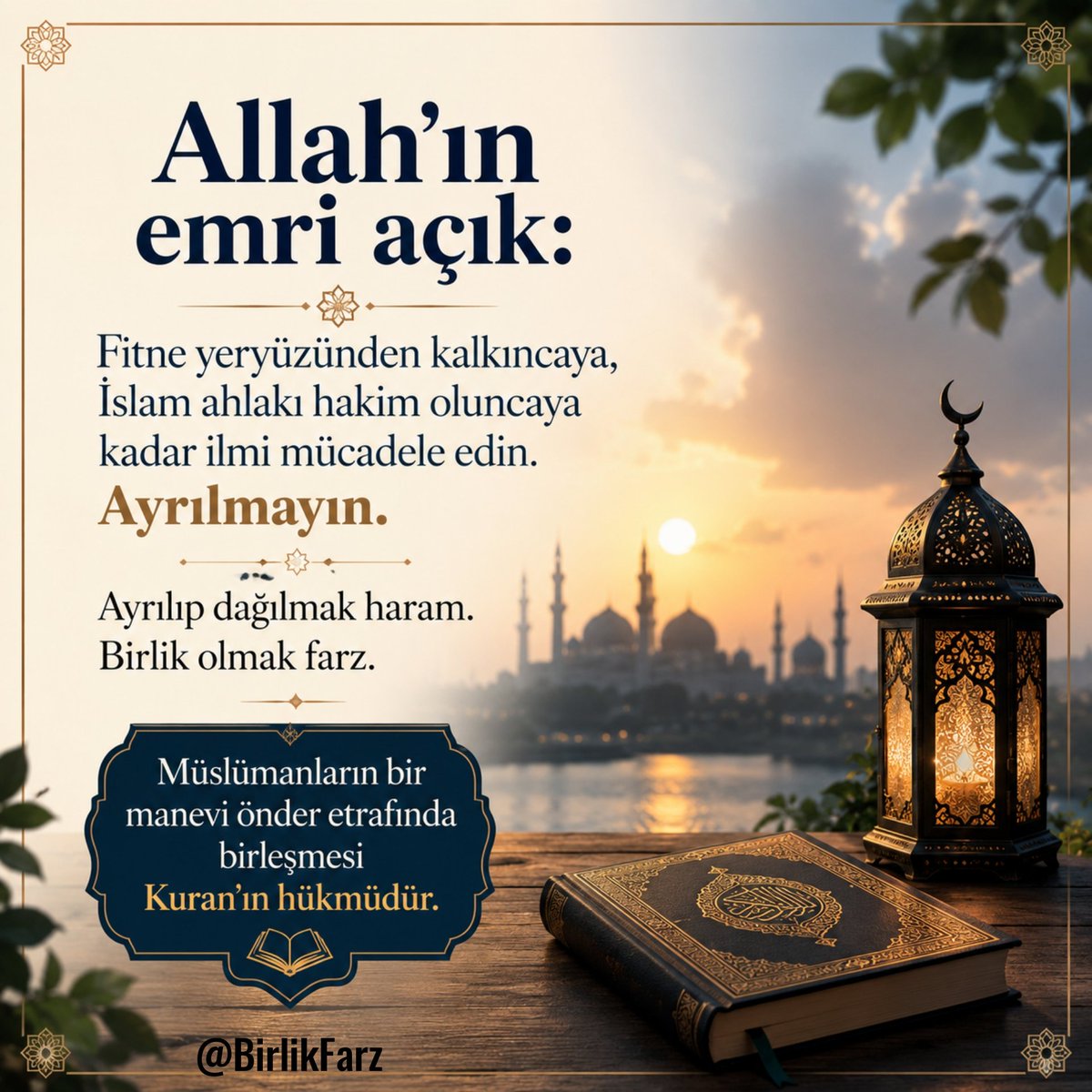 BirlikFarz's tweet photo. Allah'ın emri açık: Fitne yeryüzünden kalkıncaya, İslam ahlakı hakim oluncaya kadar ilmi mücadele edin.
Ayrılmayın. Ayrılıp dağılmak haram.
Birlik olmak farz. Müslümanların bir manevi önder etrafında birleşmesi
Kuran'ın hükmüdür.

Gazze'yi duyun #DoğuTürkistan #gazze  #cumartesi https://t.co/rCsyBibnz2