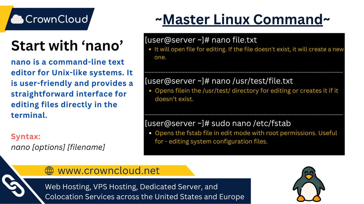 crownclouds's tweet photo. Master Linux one command at a time.

Edit text easily: nano
A simple and beginner-friendly text editor for creating and editing files directly from the terminal.

#Linux #SysAdmin #LinuxCommands #DevOps #LearnLinux https://t.co/hwooJooLq3