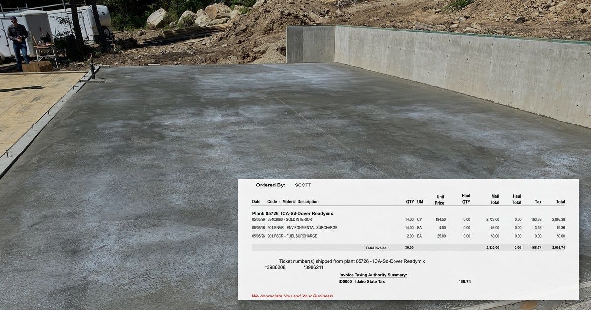 $166.74 in sales tax. Just for the concrete to pour this slab.

I already paid for the land. Already paid sales tax when I bought it. Now I'll pay property taxes on it every year for the rest of my life — or the government takes it.

Imagine if we did this with cars. You'd never