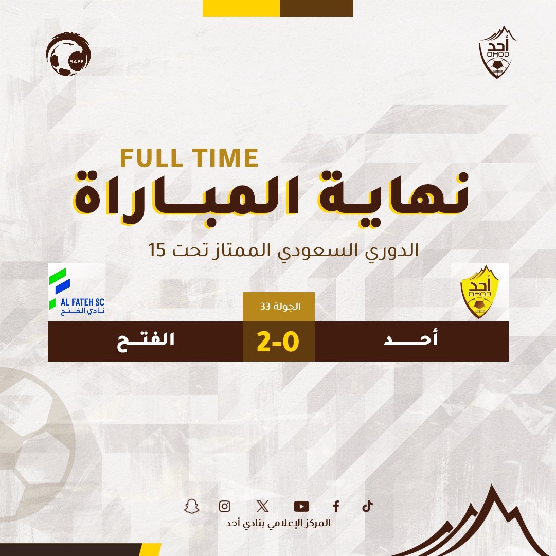 Ohodyouth's tweet photo. 🔚| نهاية المباراة

الدوري السعودي الممتاز تحت 15
أحد 0 🆚 الفتح 2

#فئات_أحد | #OHOD_U15 https://t.co/W59REPJJlN