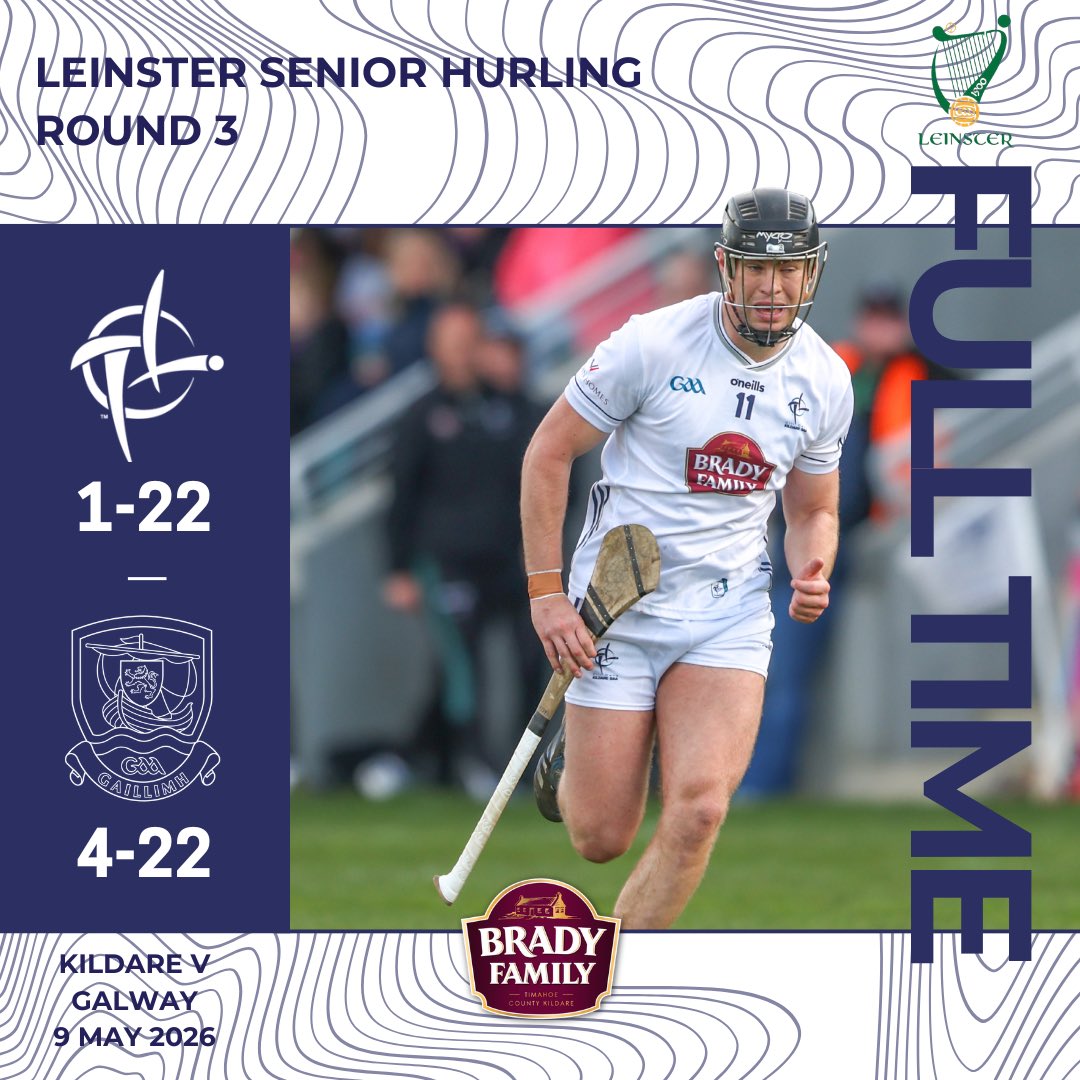 KildareGAA's tweet photo. 2026 Leinster Senior Hurling Championship

Full Time 
Kildare 1:22 (25)
Galway 4:22 (34)

Hard luck to the team and management. https://t.co/V1ARvyd2Yf