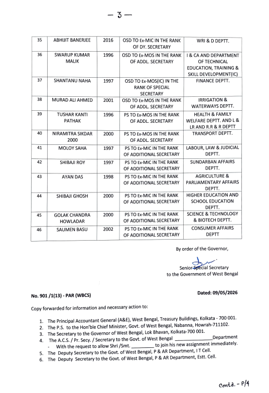Another 46 WBCS (Exe) Officers transferred from various govt department to Personnel and Administrative Reforms (P&amp;AR) Department