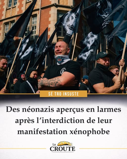 JRenardiere's tweet photo. Hier  matin, plusieurs dizaines de militants d’extrême droite nazizis ont été  vus en train de pleurer à chaudes larmes après l’interdiction de leur  manifestation par les autorités. https://t.co/6bV5aUiMM7