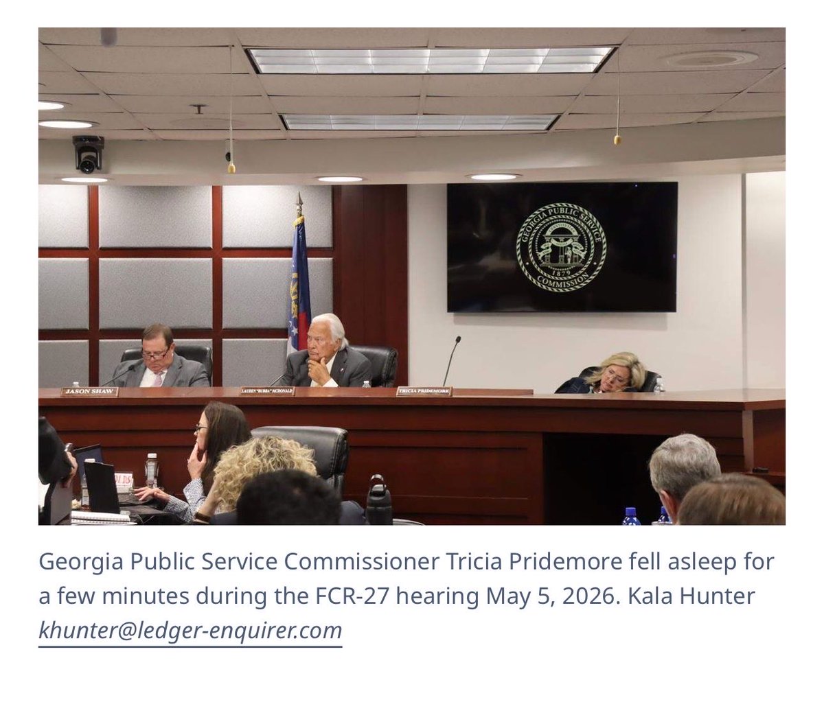 peachpundit's tweet photo. The Columbus Ledger Enquirer is reporting that (@TPridemore) Tricia Pridemore, now a candidate for Congress, fell asleep during a recent Public Service Commission.

#GAGOP #GAPOL https://t.co/IAdb09i8x6