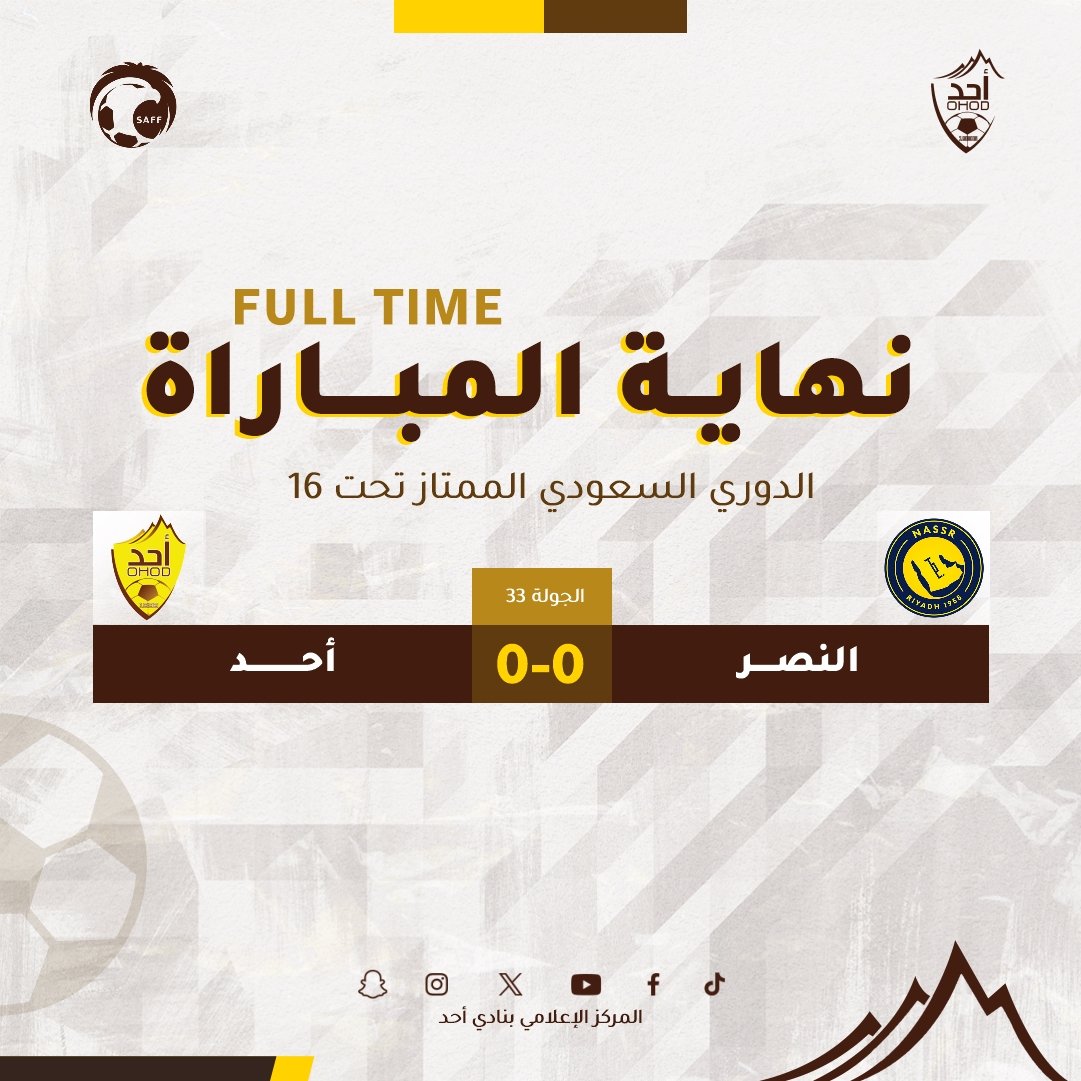 Ohodyouth's tweet photo. 🔚| نهاية المباراة

الدوري السعودي الممتاز تحت 16
النصر 0 🆚 أحد 0

#فئات_أحد | #OHOD_U16 https://t.co/qxQQ8Mg7bx