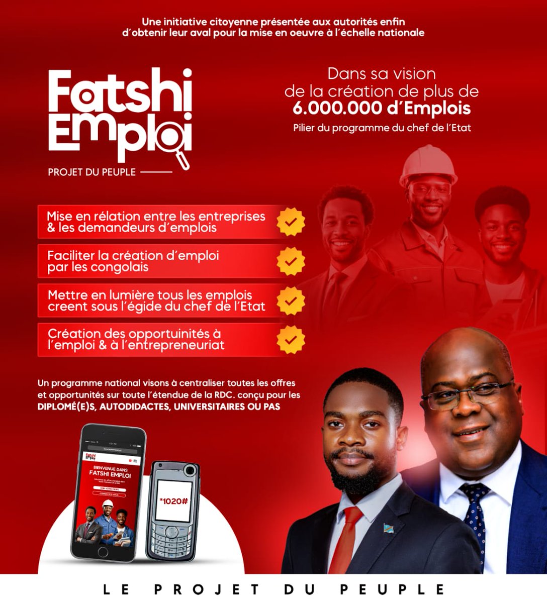 banakongo2's tweet photo. OFFICIEL : Lancement de Fatshi Emploi !
Un projet ambitieux pour booster l'accès à l'emploi des Congolais et l'entrepreneuriat en RDC, signé Gédéon Kitenge Amisi en phase avec la vision du Chef de l’État. https://t.co/9tMsgwSgNg