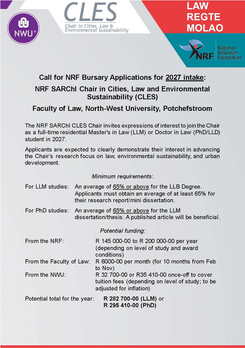 ChairCles's tweet photo. 📢 CALL FOR NRF BURSARY APPLICATIONS FOR 2027  We invite applications for full-time LLM &amp; PhD/LLD studies for 2027.  📷 Law | 📷 Urban Development 📷 Closing: 18 May 2026 📷 https://t.co/O8SlXVn61T
