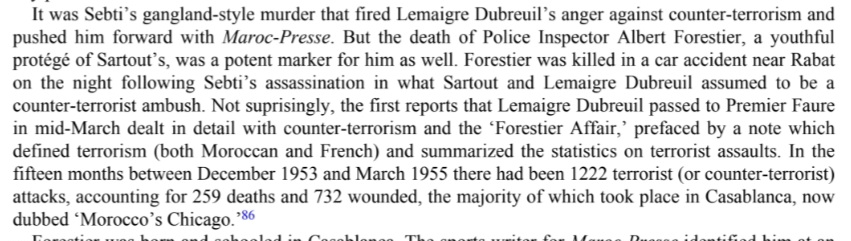 aotach0's tweet photo. Amid the violent struggle over Moroccan independence, there were 1,222 terrorist (or counter-terrorist) attacks between December 1953 and March 1955 — 15 months — accounting for 259 deaths and 732 wounded. The majority took place in Casablanca, then dubbed “Morocco’s Chicago.” https://t.co/tSpUu2Bk2o