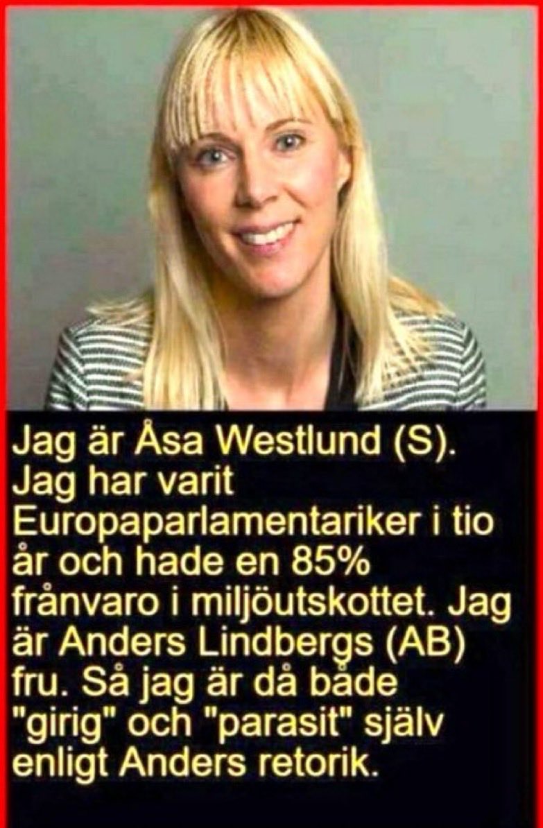 ⚠️Magdalena Andersson har 79% frånvaro i riksdagen, trots gångavstånd till jobbet.

Hennes kollega Åsa Westlund hade 85% frånvaro i Europa parlamentet.

- men bägge klagar på att Jimmie Åkesson arbetar från sitt SD kontor i Sölvesborg…..ha ha😂